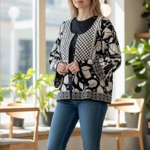 NWT Gudrun Sjoden Scandinavian Black White Lemon Organic Cotton Cardigan Size XL